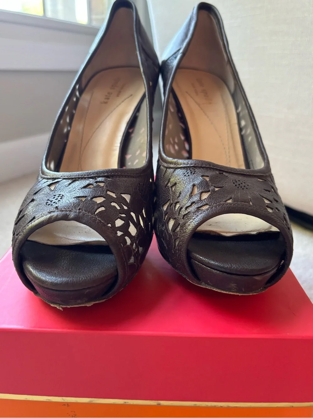 Kate Spade Women's Dark Brown Peep-Toe Laser-Cut High Heels